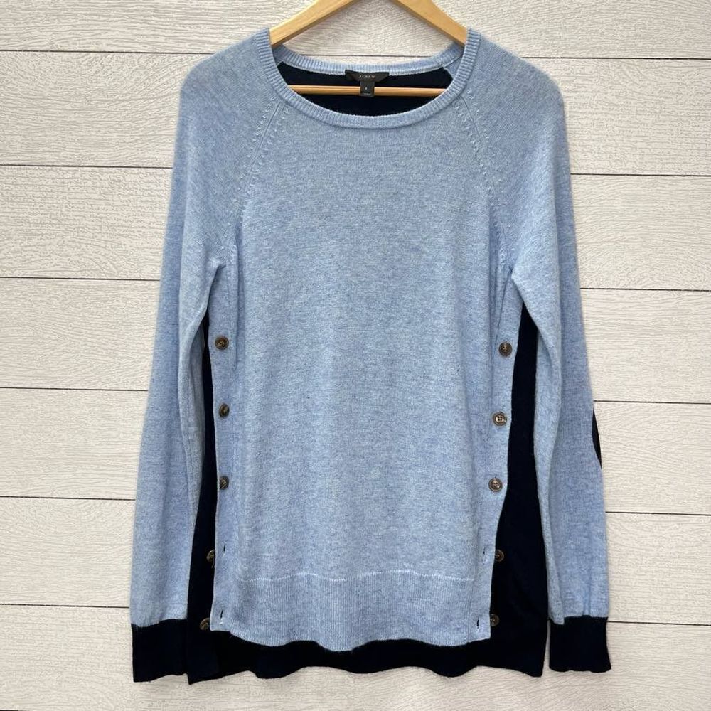 J. Crew Wool Angora Blue Navy Colorblock Pullover Elbow Patch Button Sides Sweat